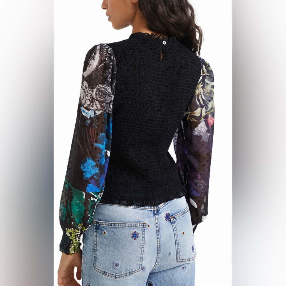 DESIGUAL Sheer Black Floral Sleeve Top size small - Picture 8 of 12